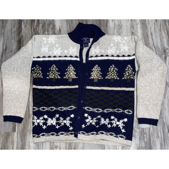 VTG Chelsea Campbell Charter Club Christmas Tree Sweater Cardigan Blue Tan Med - Picture 2 of 8
